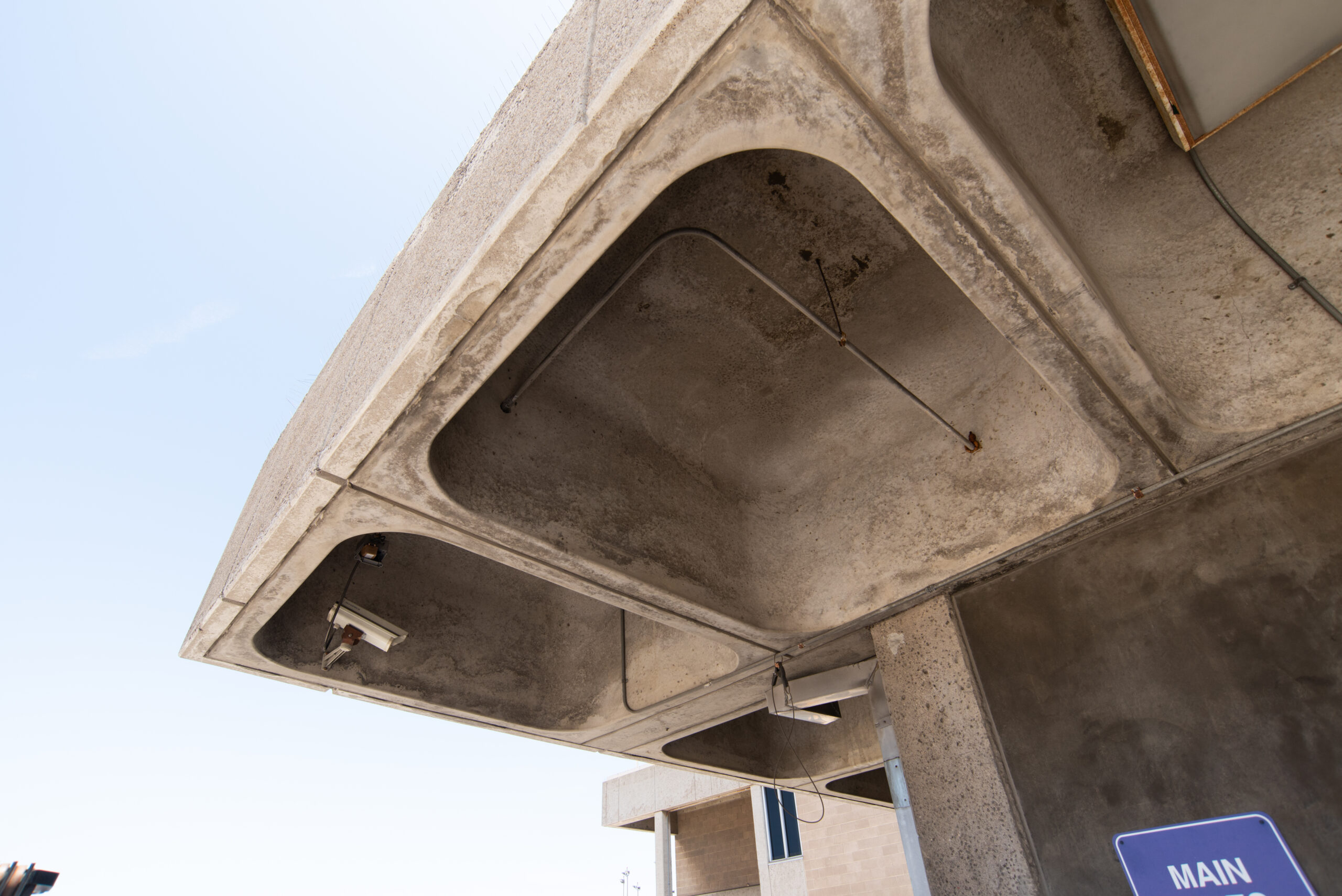 Terminal 1 opened in 1967 - Facade detail of overhang canopy at terminal entrance