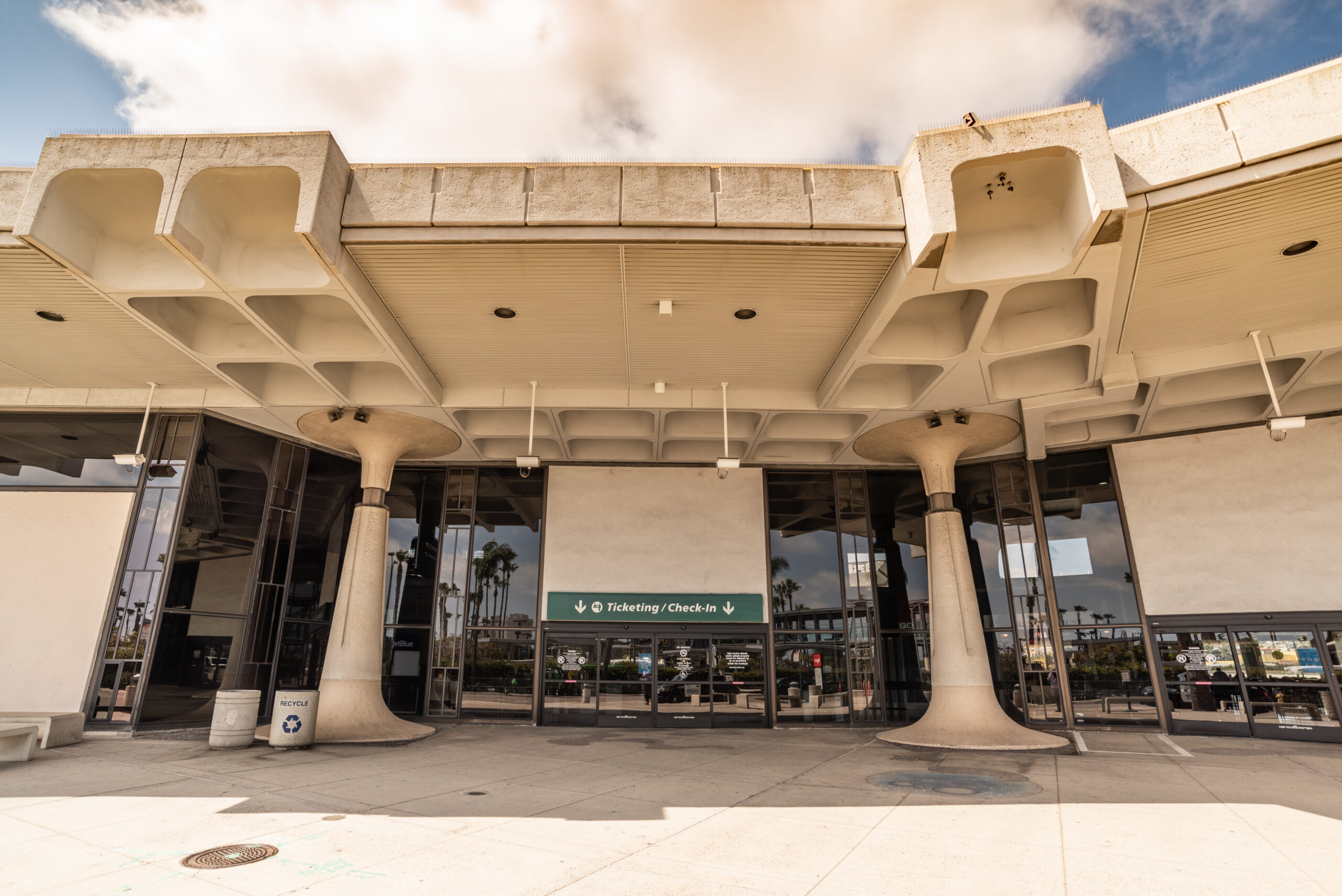 Terminal 1 opened in 1967 - Facade detail of overhang canopy at terminal entrance